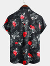 Men's Casual Floral Button Up Summer Beach Black Short Sleeve Shirt