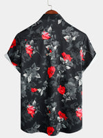 Men's Casual Floral Button Up Summer Beach Black Short Sleeve Shirt
