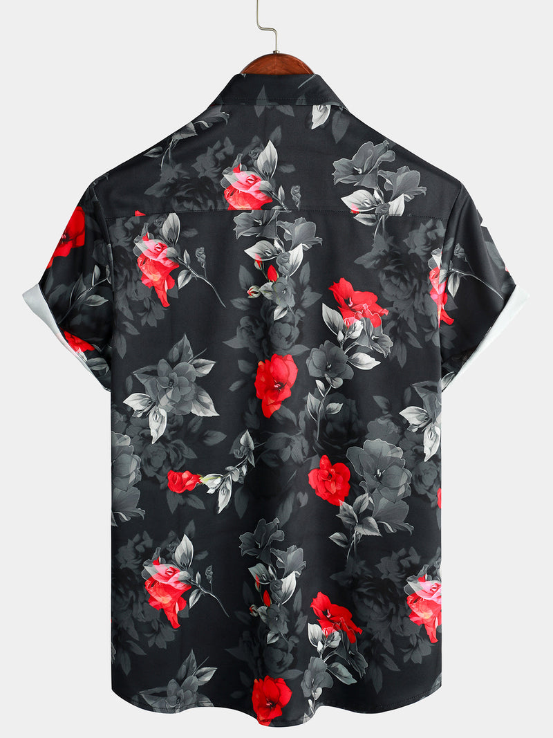 Men's Casual Floral Button Up Summer Beach Black Short Sleeve Shirt