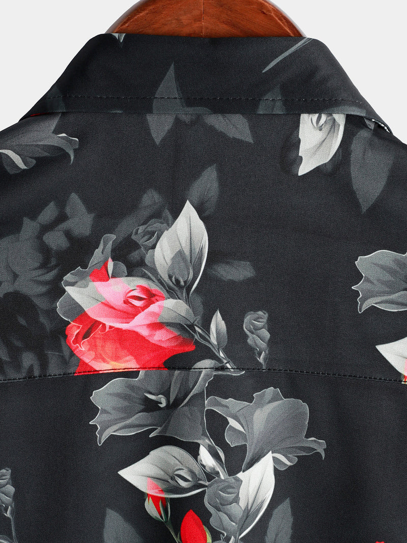 Men's Casual Floral Button Up Summer Beach Black Short Sleeve Shirt