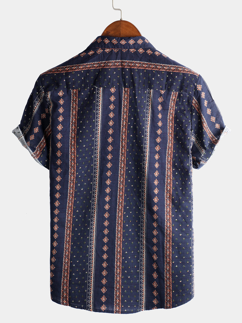 Men's Retro Button Up Short Sleeve Cotton 70s Shirt