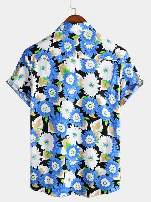 Men's Floral Print Breathable Cotton Cool Short Sleeve Blue Flower Button Up Shirt
