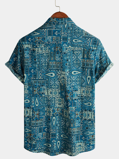 Men's Vintage Beach Tropical Print Vacation Tribal Boho Short Sleeve Retro Blue Button Up Shirt