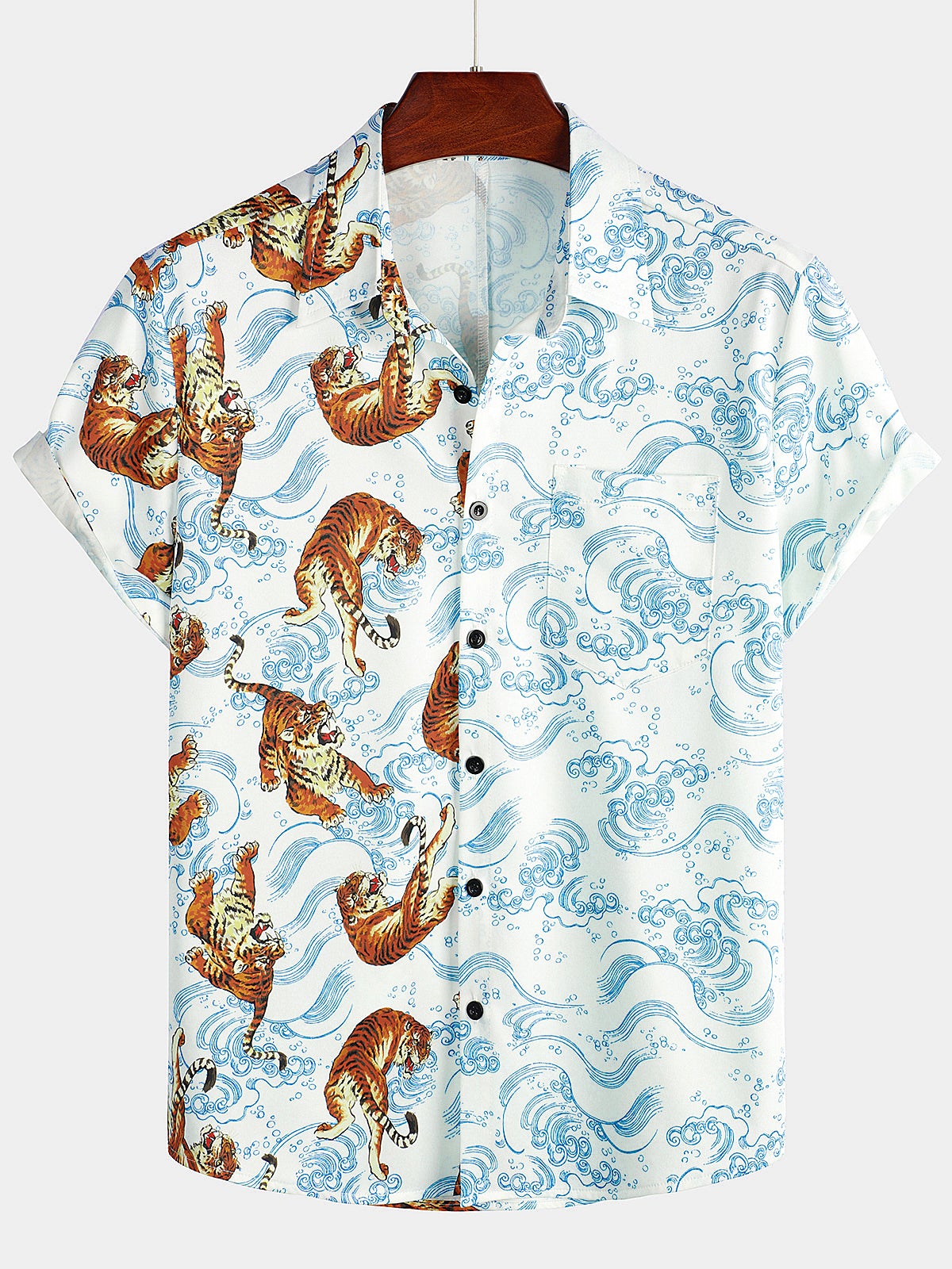 Men's Tiger Print Summer Pocket Short Sleeve Shirt