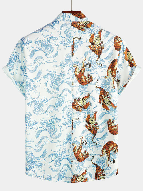 Men's Tiger Print Summer Pocket Short Sleeve Shirt