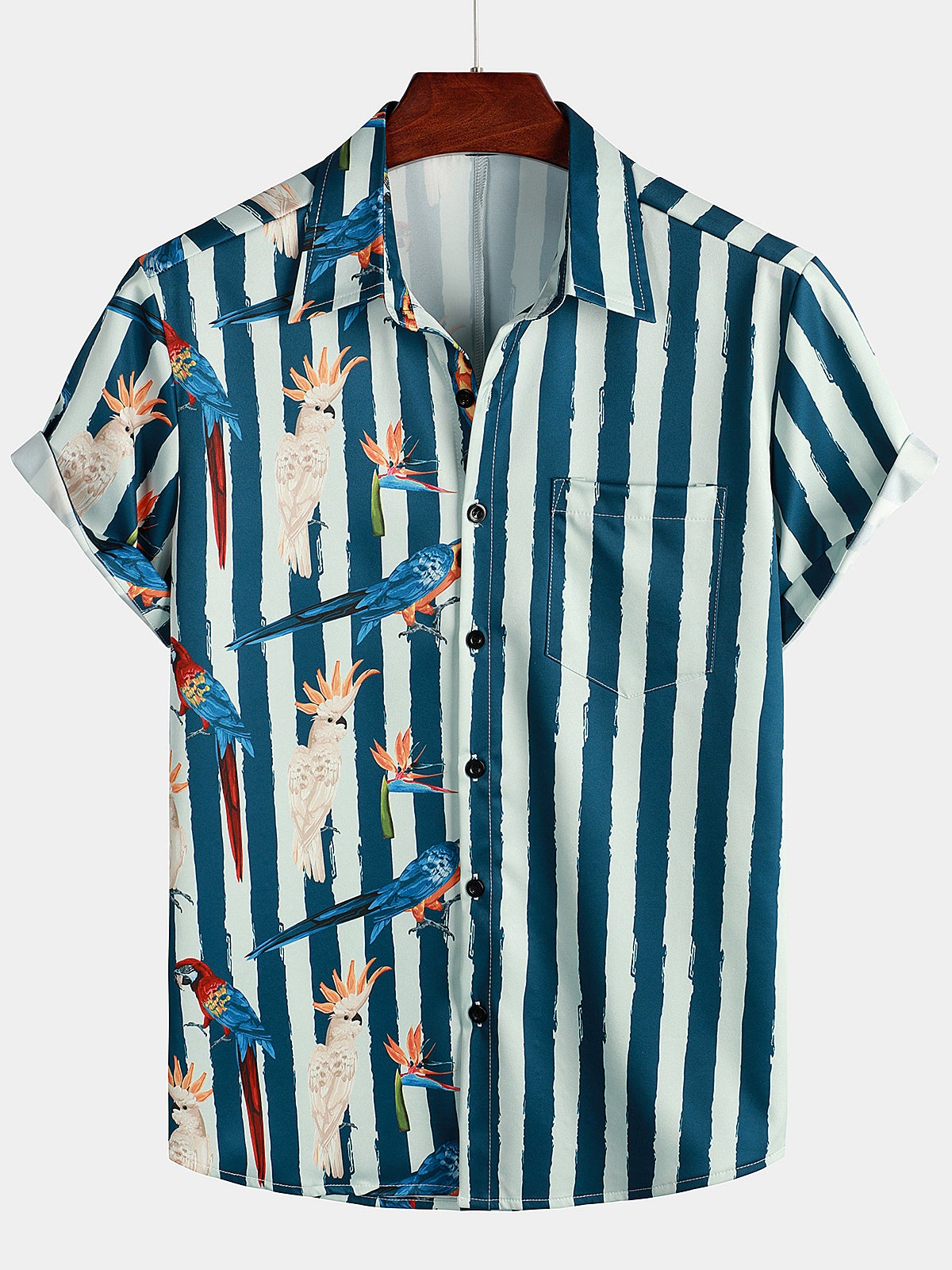 Men's Parrot Print Summer Pocket Short Sleeve Shirt