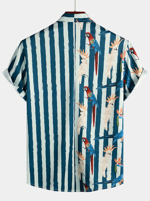Men's Parrot Print Summer Pocket Short Sleeve Shirt