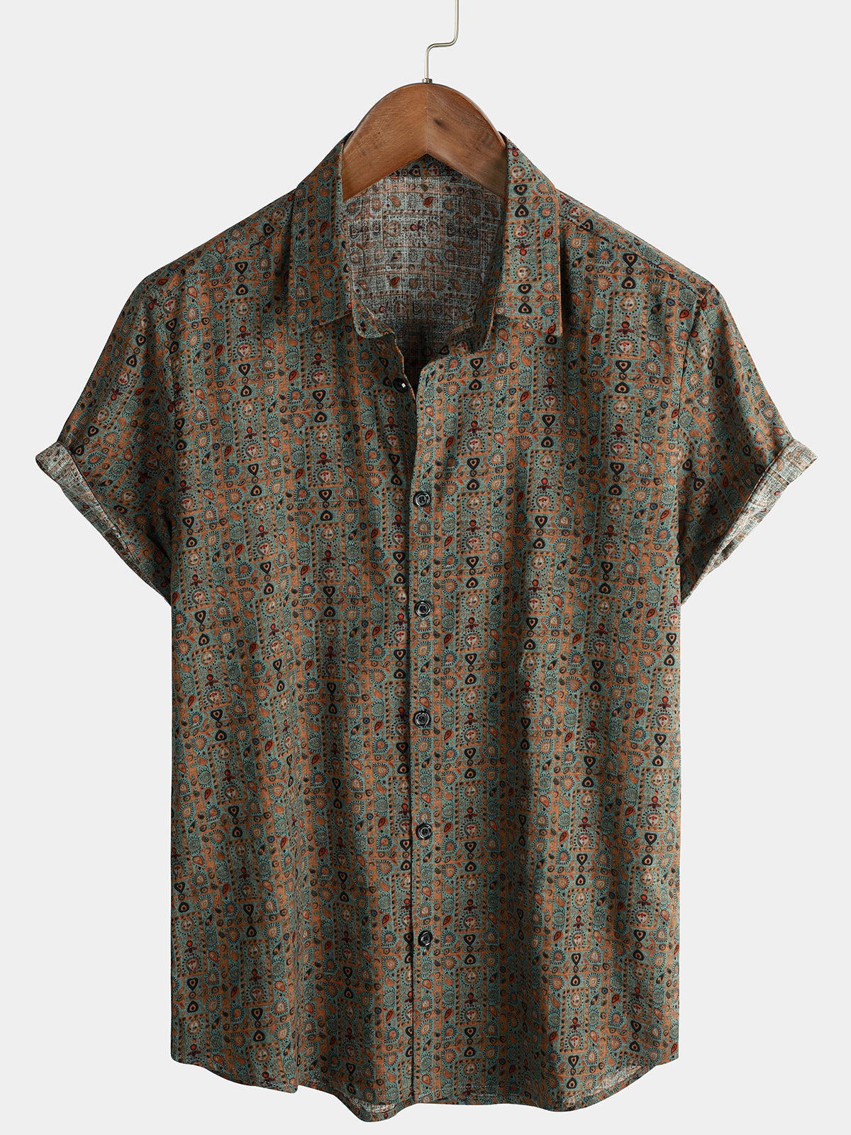 【お気にいる】 Men's Vintage Retro Boho Brown Up Button 70s Print Paisley Clothing