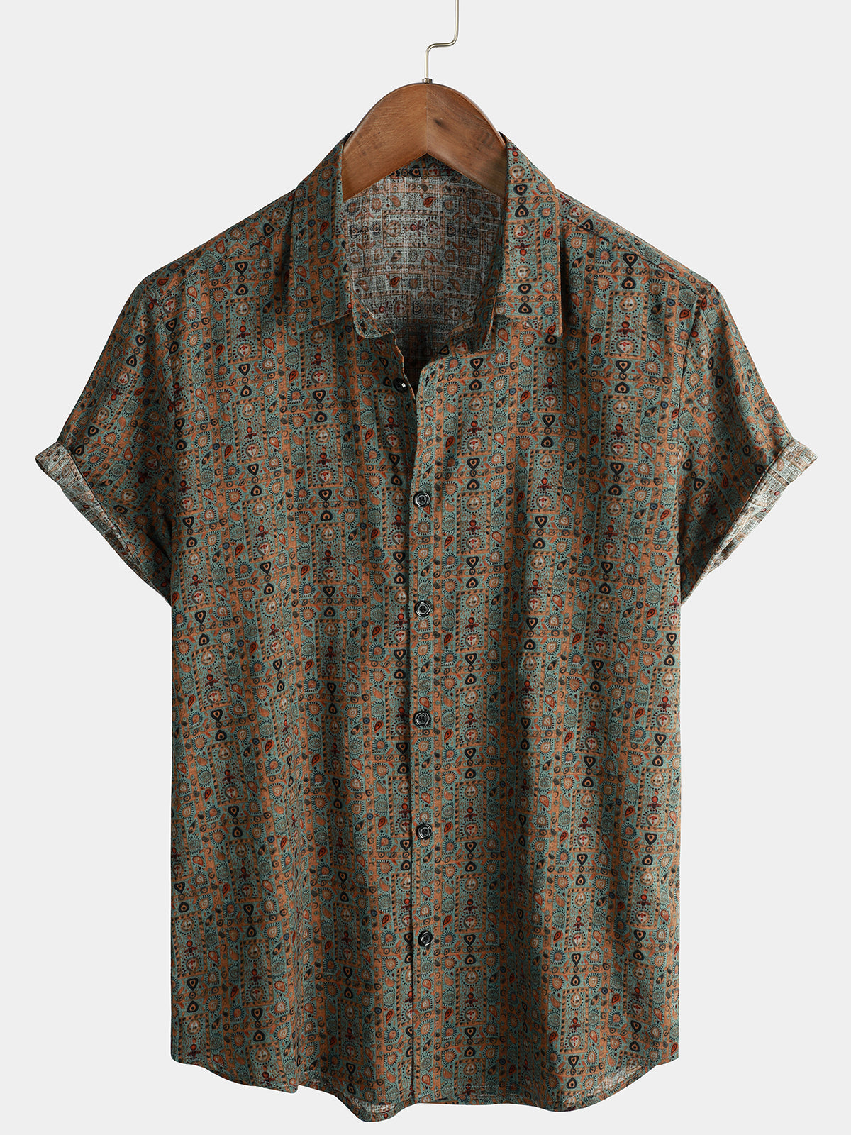 Men's Vintage Paisley Print 70s Button Up Brown Boho Retro Tribal Short Sleeve Shirt