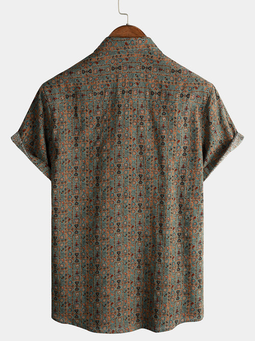 Men's Vintage Paisley Print 70s Button Up Brown Boho Retro Tribal Short Sleeve Shirt