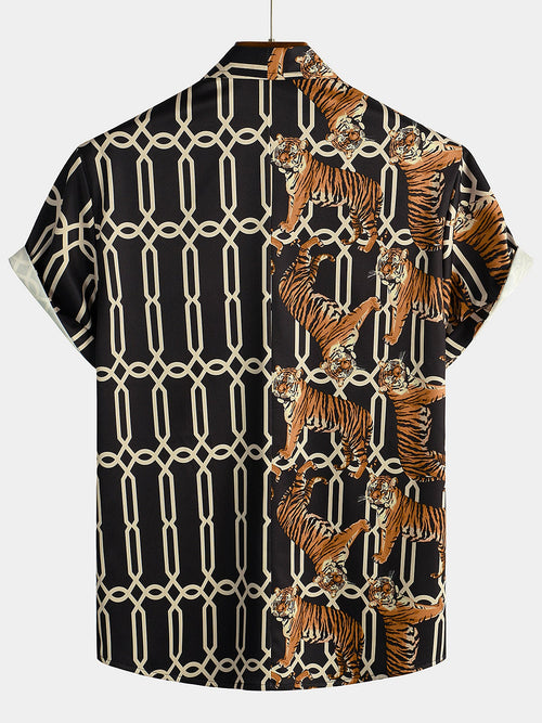Men's Tiger Print Summer Pocket Short Sleeve Shirt