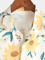 Men's Vacation Yellow Daisy Floral Print Casual Button Up Short Sleeve Shirt