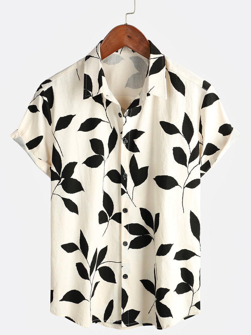 Men's Holiday Floral Print Combed Cotton Summer Casual Button Short Sleeve Shirt