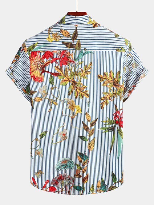 Men's Striped & Floral Print Blue Short Sleeve Shirt