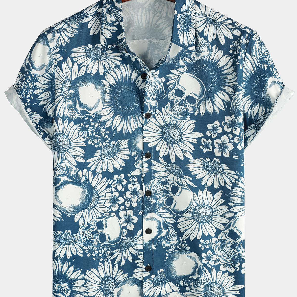 Men's Skull Sunflower Button Up Short Sleeve Art Flower Blue Rock and Roll Hawaiian Shirt