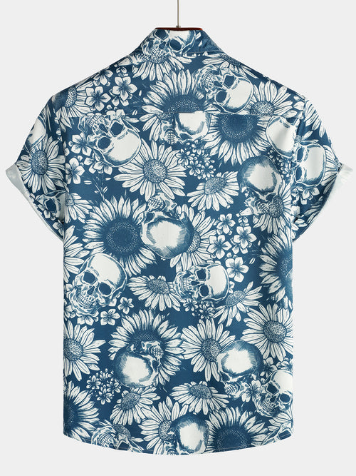 Men's Skull Sunflower Button Up Short Sleeve Art Flower Blue Rock and Roll Hawaiian Shirt