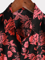 Men's Red Rose Flower Print Floral Holiday Casual Black Short Sleeve Shirt