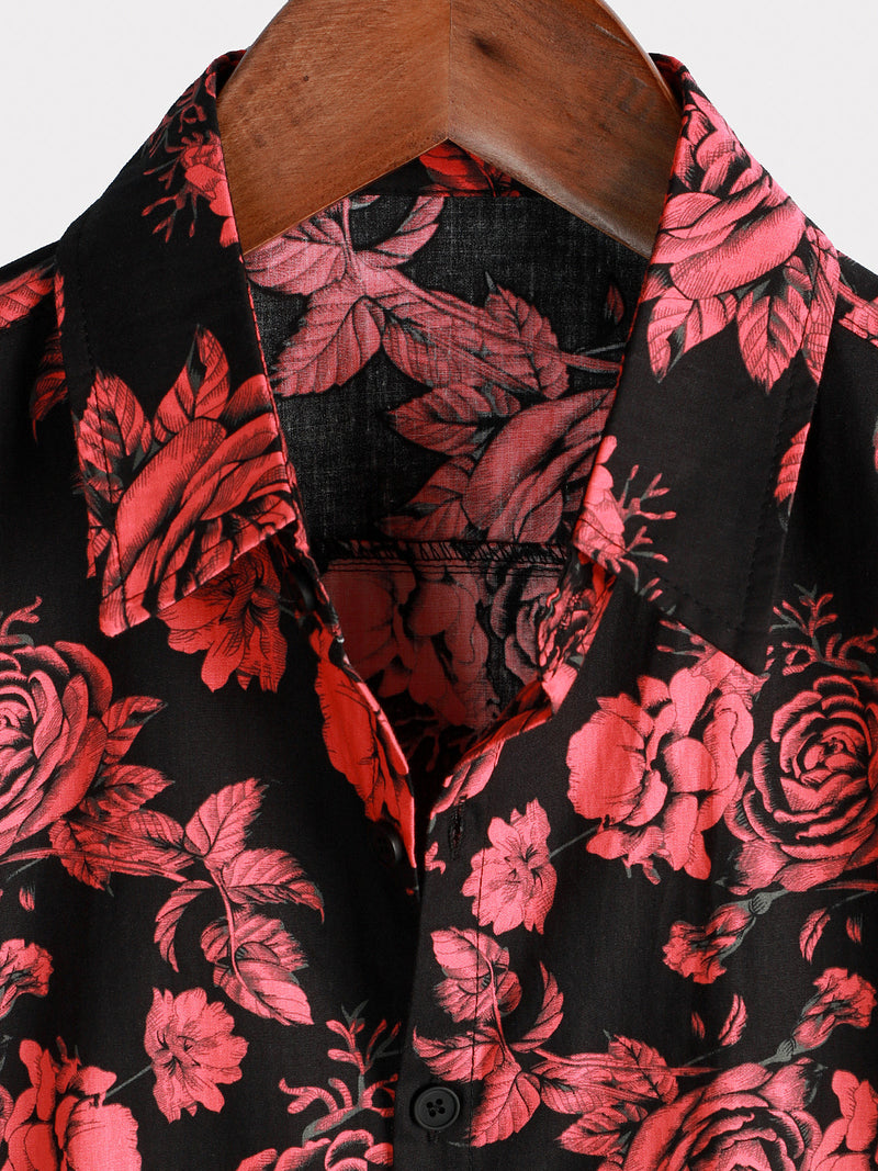 Men's Red Rose Flower Print Floral Holiday Casual Black Short Sleeve Shirt