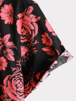 Men's Red Rose Flower Print Floral Holiday Casual Black Short Sleeve Shirt