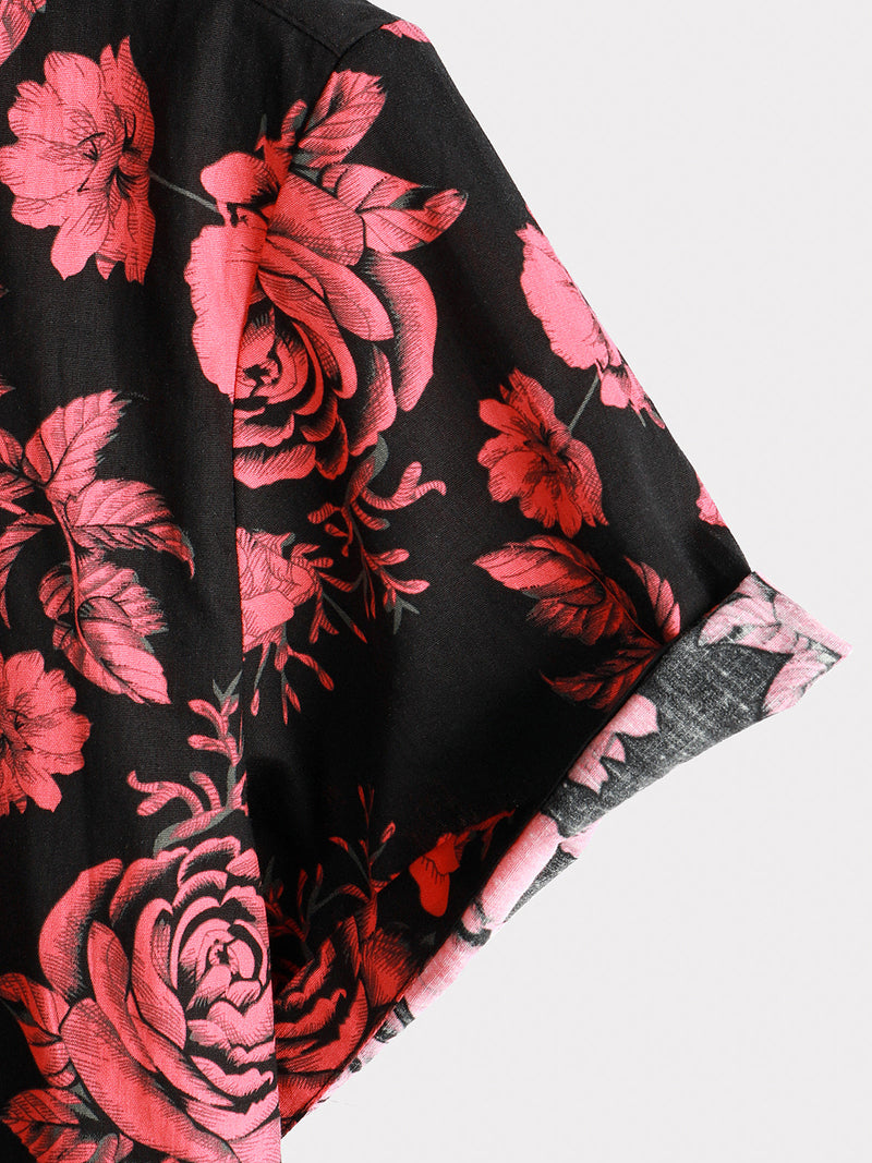 Men's Red Rose Flower Print Floral Holiday Casual Black Short Sleeve Shirt