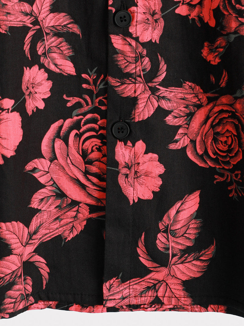 Men's Red Rose Flower Print Floral Holiday Casual Black Short Sleeve Shirt