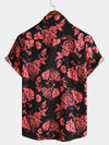 Men's Red Rose Flower Print Floral Holiday Casual Black Short Sleeve Shirt