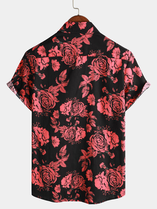 Men's Red Rose Flower Print Floral Holiday Casual Black Short Sleeve Shirt