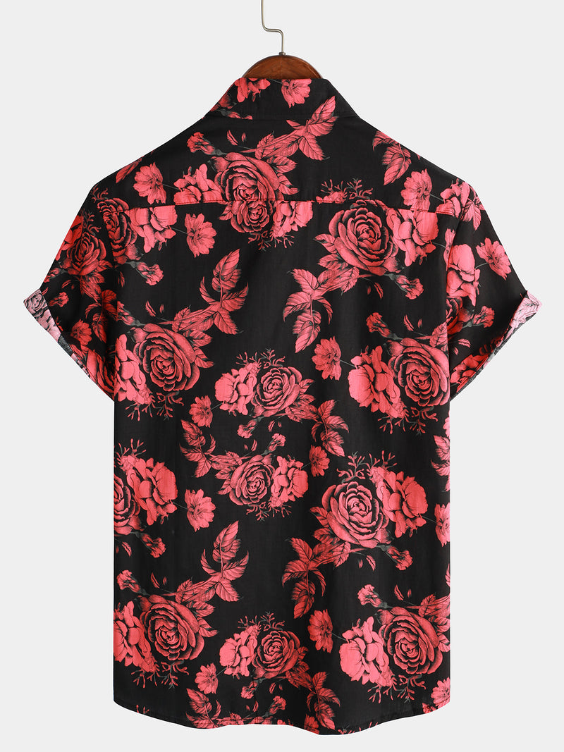 Men's Red Rose Flower Print Floral Holiday Casual Black Short Sleeve Shirt