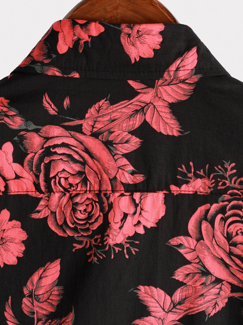 Men's Red Rose Flower Print Floral Holiday Casual Black Short Sleeve Shirt