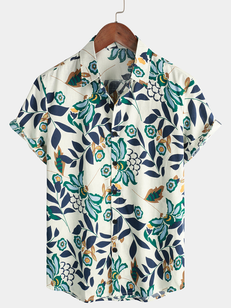 Men's Cotton Cool Breathable Floral Print Flower Beach Resort Casual White Short Sleeve Shirt