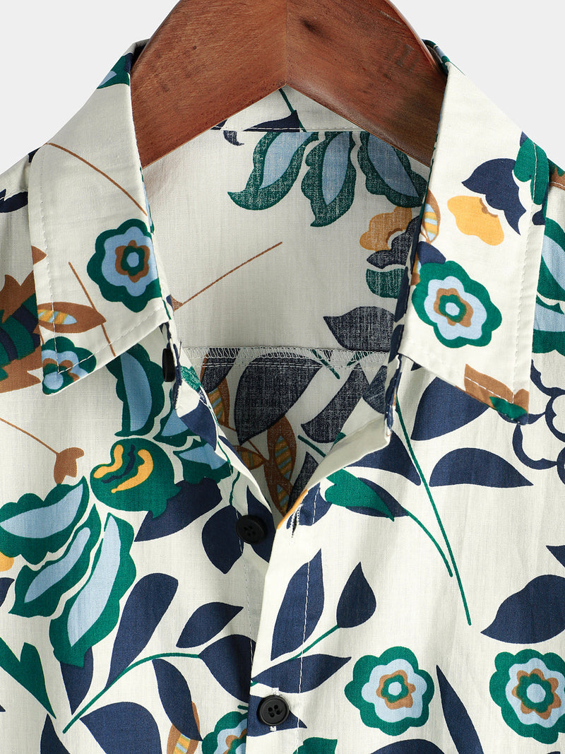 Men's Cotton Cool Breathable Floral Print Flower Beach Resort Casual White Short Sleeve Shirt