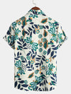 Men's Cotton Cool Breathable Floral Print Flower Beach Resort Casual White Short Sleeve Shirt