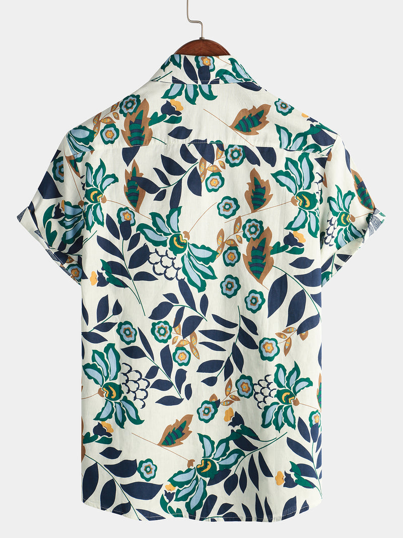 Men's Cotton Cool Breathable Floral Print Flower Beach Resort Casual White Short Sleeve Shirt