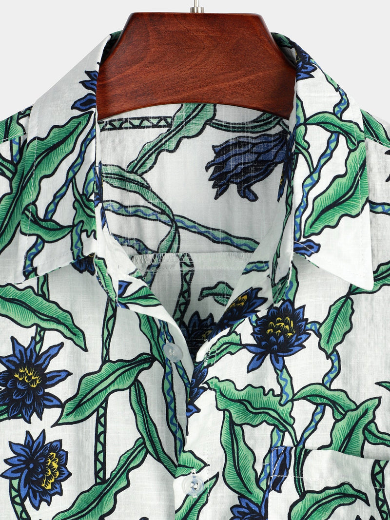 Men‘s Summer Floral Print Short Sleeve Casual Holiday Pocket Shirt