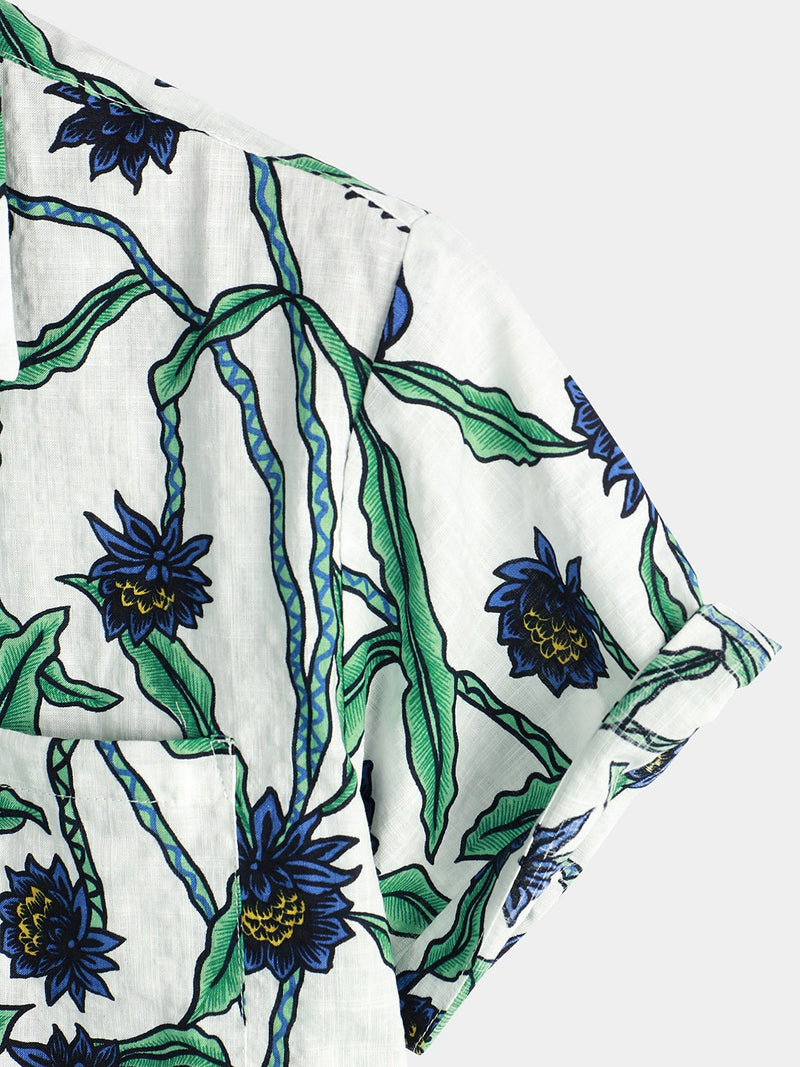 Men‘s Summer Floral Print Short Sleeve Casual Holiday Pocket Shirt
