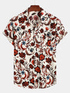 Men's Beige Floral Print Pocket Short Sleeve Hawaiian Shirt