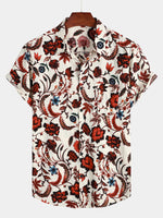 Men's Beige Floral Print Pocket Short Sleeve Hawaiian Shirt