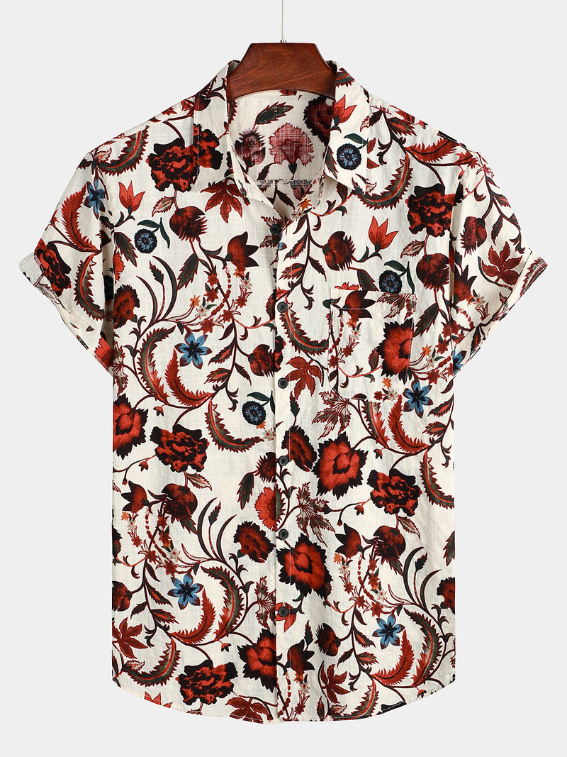 Men's Beige Floral Print Pocket Short Sleeve Hawaiian Shirt