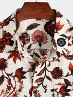 Men's Beige Floral Print Pocket Short Sleeve Hawaiian Shirt