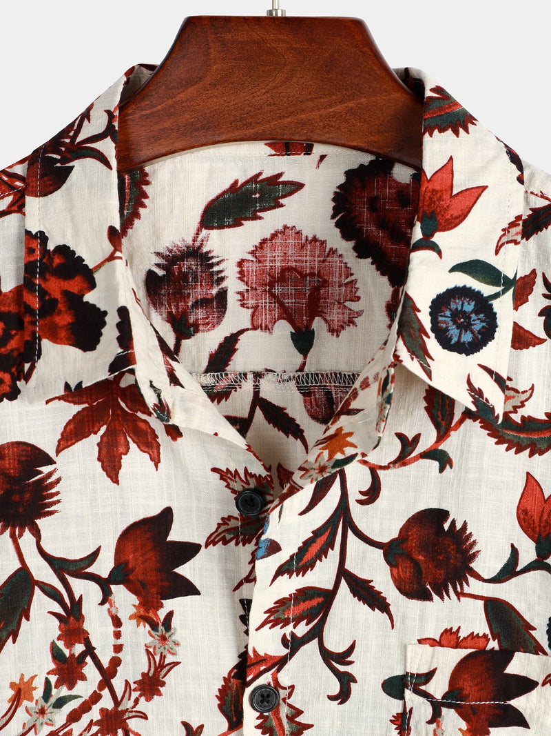 Men's Beige Floral Print Pocket Short Sleeve Hawaiian Shirt
