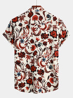 Men's Beige Floral Print Pocket Short Sleeve Hawaiian Shirt