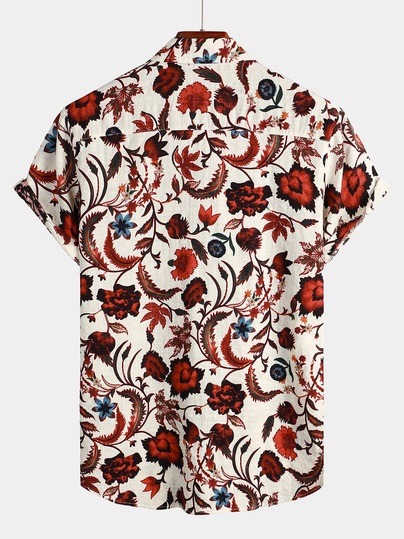 Men's Beige Floral Print Pocket Short Sleeve Hawaiian Shirt