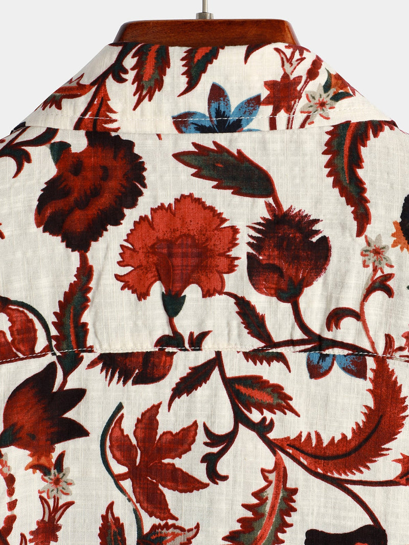 Men's Beige Floral Print Pocket Short Sleeve Hawaiian Shirt
