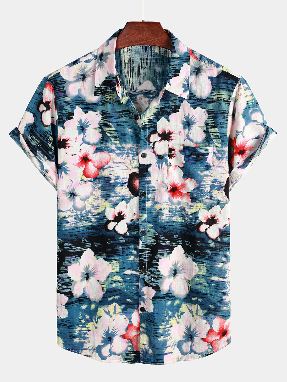 Men's Pink Flower Print Pocket Short Sleeve Hawaiian Shirt