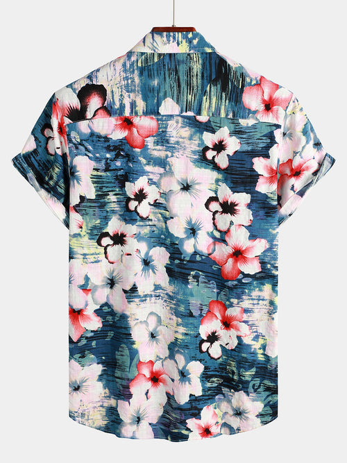 Men's Pink Flower Print Pocket Short Sleeve Hawaiian Shirt