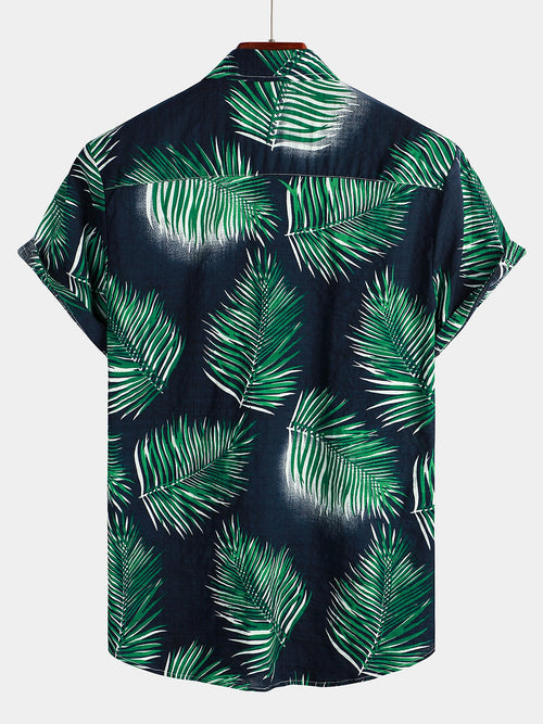Men's Tropical Leaves Print Pocket Short Sleeve Shirt