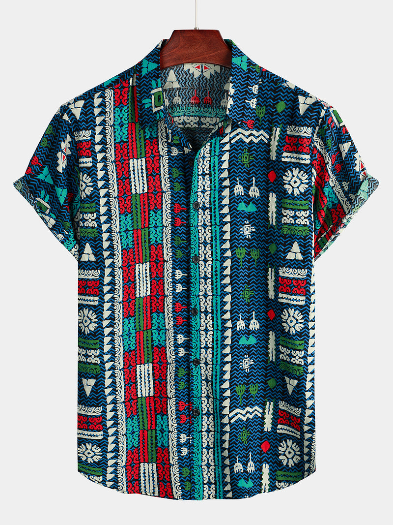 Men's Navy Blue Boho Short Sleeve Retro Shirt