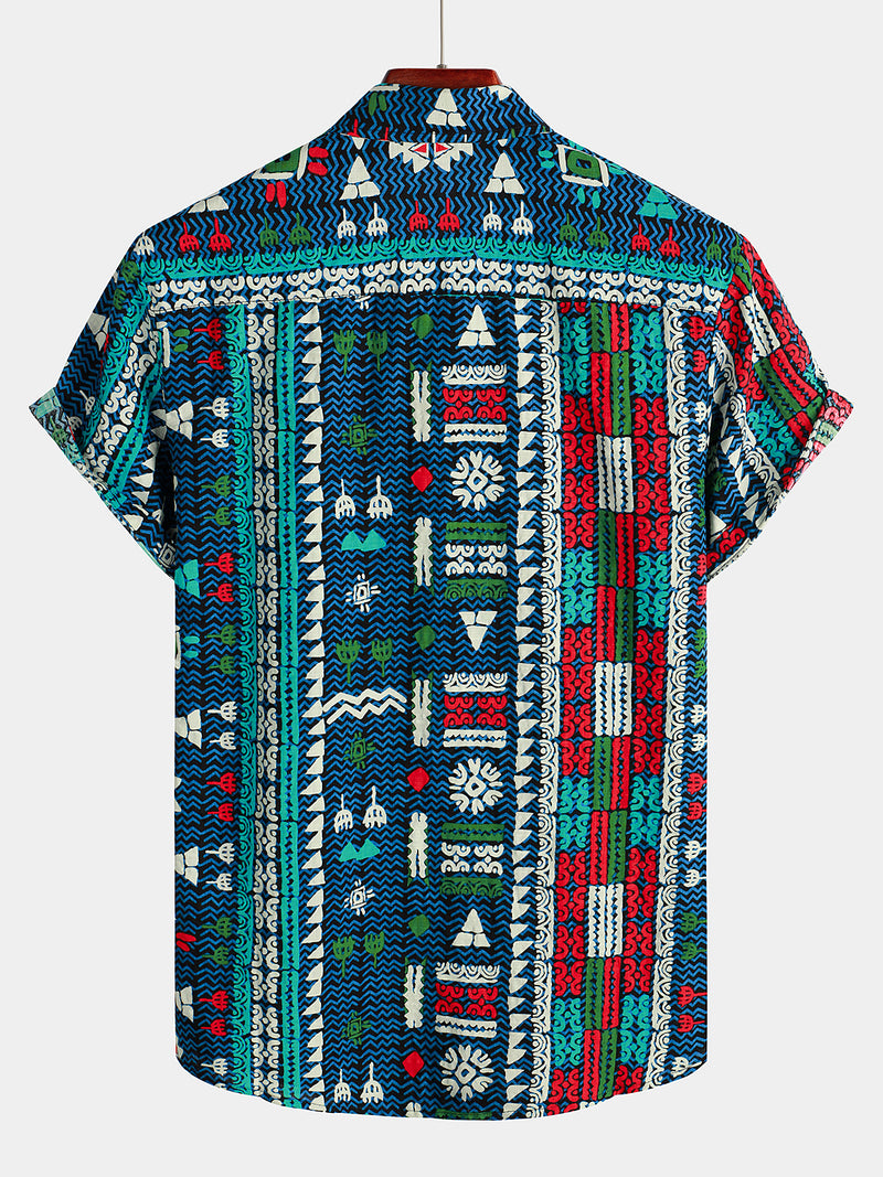 Men's Navy Blue Boho Short Sleeve Retro Shirt