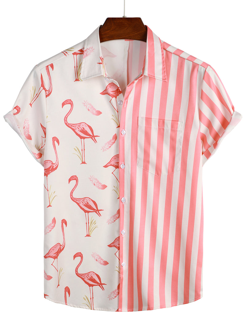Men's Pineapple & Striped Print Holiday Short Sleeve Shirt