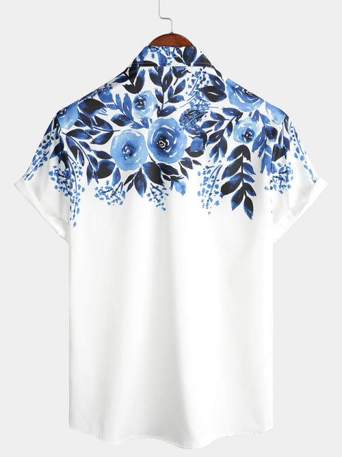 Men's Blue Floral Print Art Short Sleeve Beach Cool Holiday Button Up White Shirt